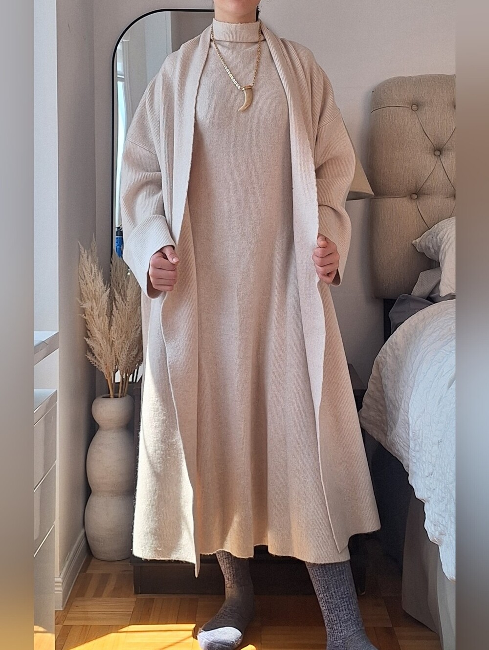 Commense Knit Coat And Turtleneck Sleeveless Dress Two-Piece Set